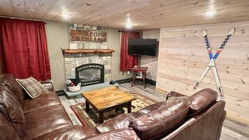 Smart TV, fireplace, books