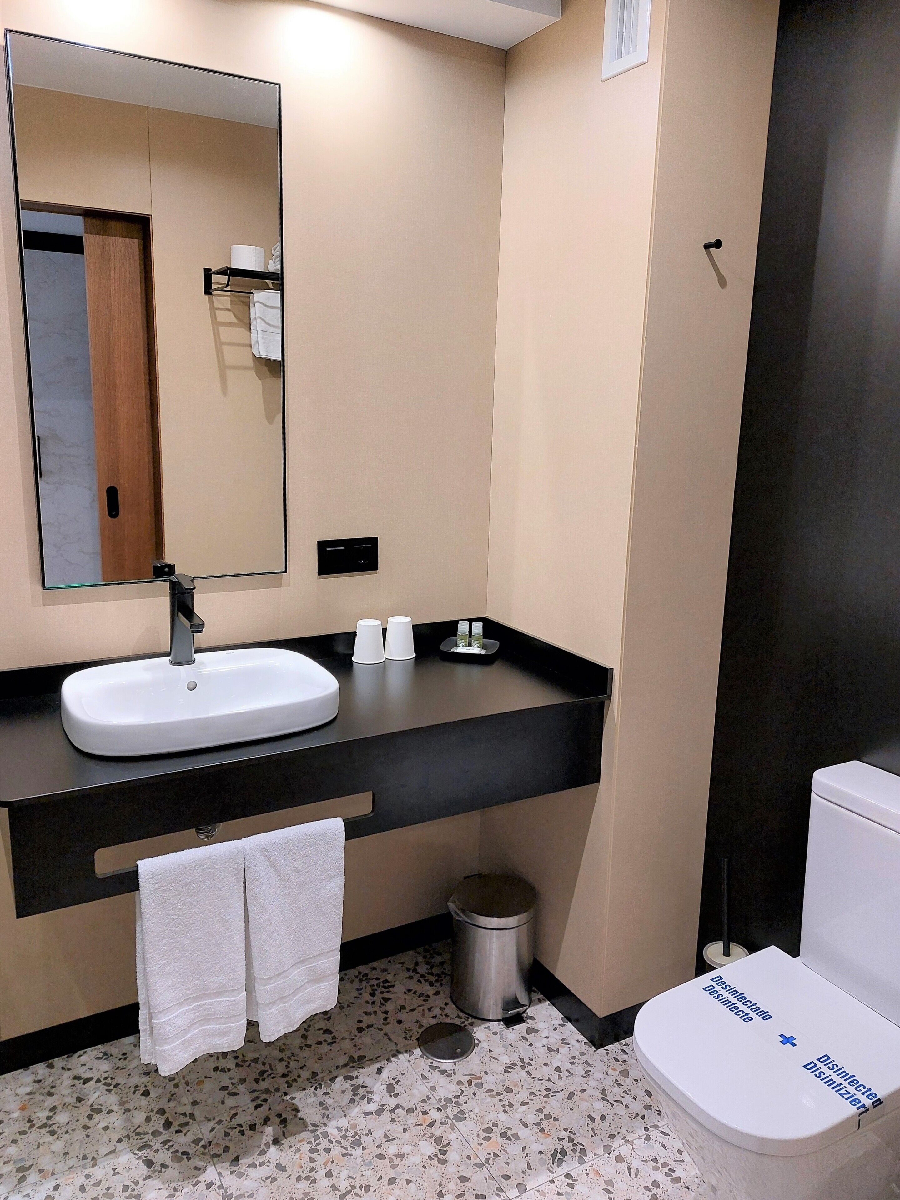 A modern bathroom with a white sink, black countertop, and a large mirror. There is a toilet with a sign indicating disinfection. A trash can is visible near the floor.