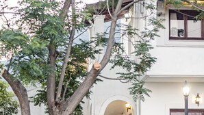 A white building with a large tree in front, an arched doorway, and a street lamp. - NIKOLOUZOS SUNNY ESTATE (Corfu)