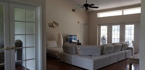 Smart TV, fireplace, books