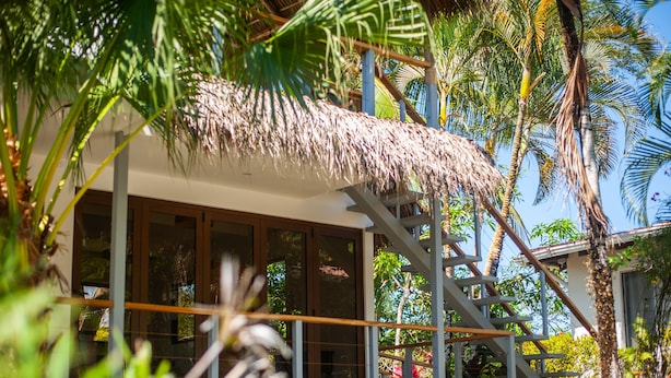 A modern building with a thatched roof, surrounded by lush greenery and palm trees. - Flex House – Full Home with Pool and Guest House, Close to the Beach (Esterillos Oeste)