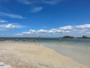 On the beach, sun-loungers, beach towels