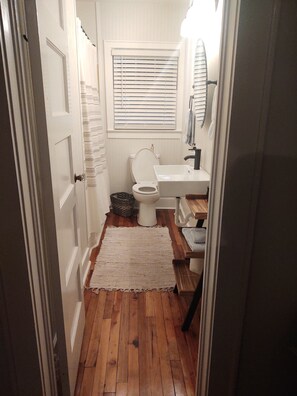 Combined shower/tub, hair dryer, towels, soap