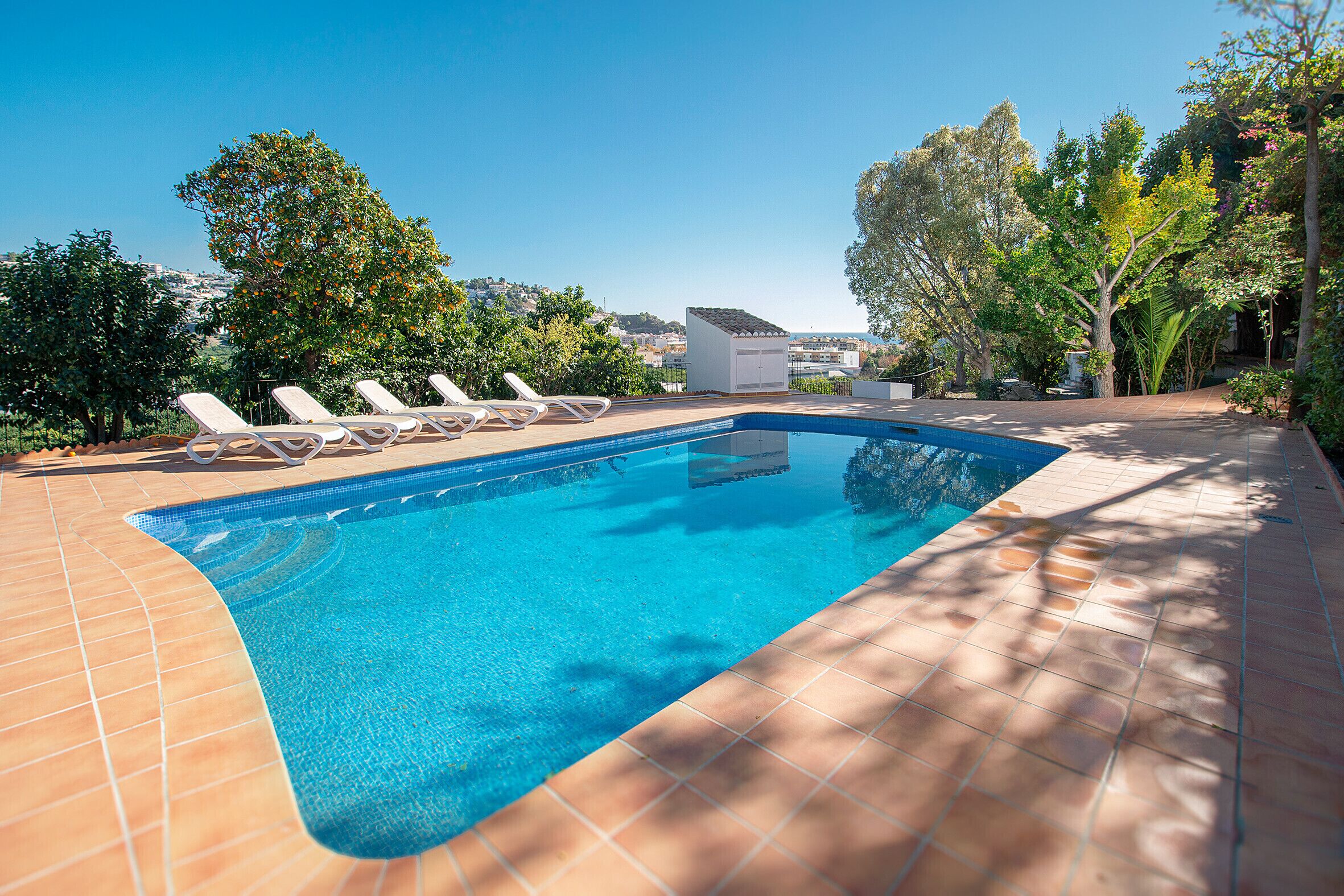 Una piscina con bordes de azulejos, rodeada de sillas de descanso y árboles.