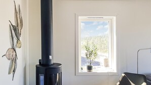 A room with a black wood stove, a window with a view of a forest, and a wall-mounted decorative plant.
