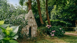 A stone structure with an arched doorway, surrounded by lush greenery and pink flowers.