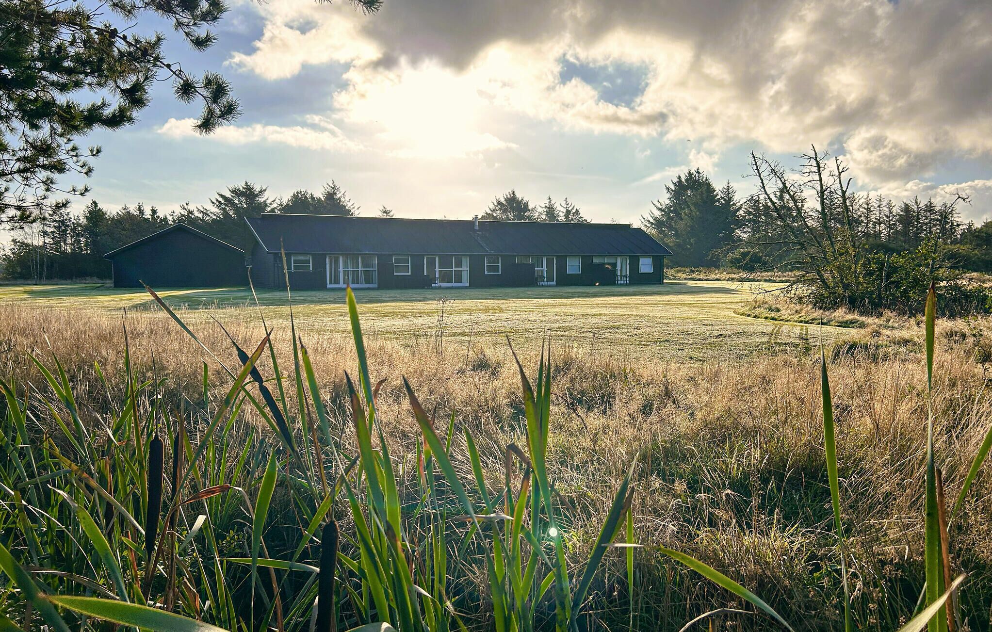 A two-story building with a flat roof, large windows, and a grassy field in the foreground.