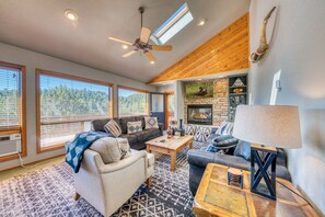 Smart TV, fireplace, books