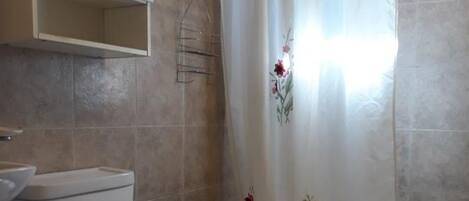 Een bad/douchecombinatie, een bidet