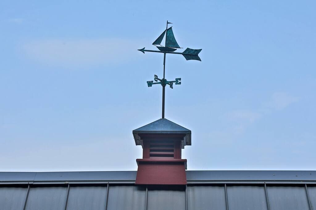 A weather vane on a building's roof.