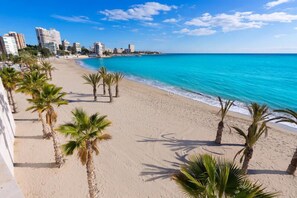 Ein Strand mit Palmen und einer Stadtkulisse im Hintergrund.