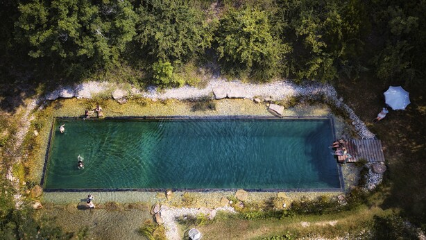 An aerial view of a rectangular swimming pool surrounded by a natural landscape with trees and a pebble beach.