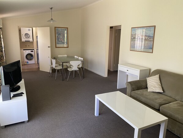 A compact living space with a dining area, a sofa, a TV, and a washing machine.
