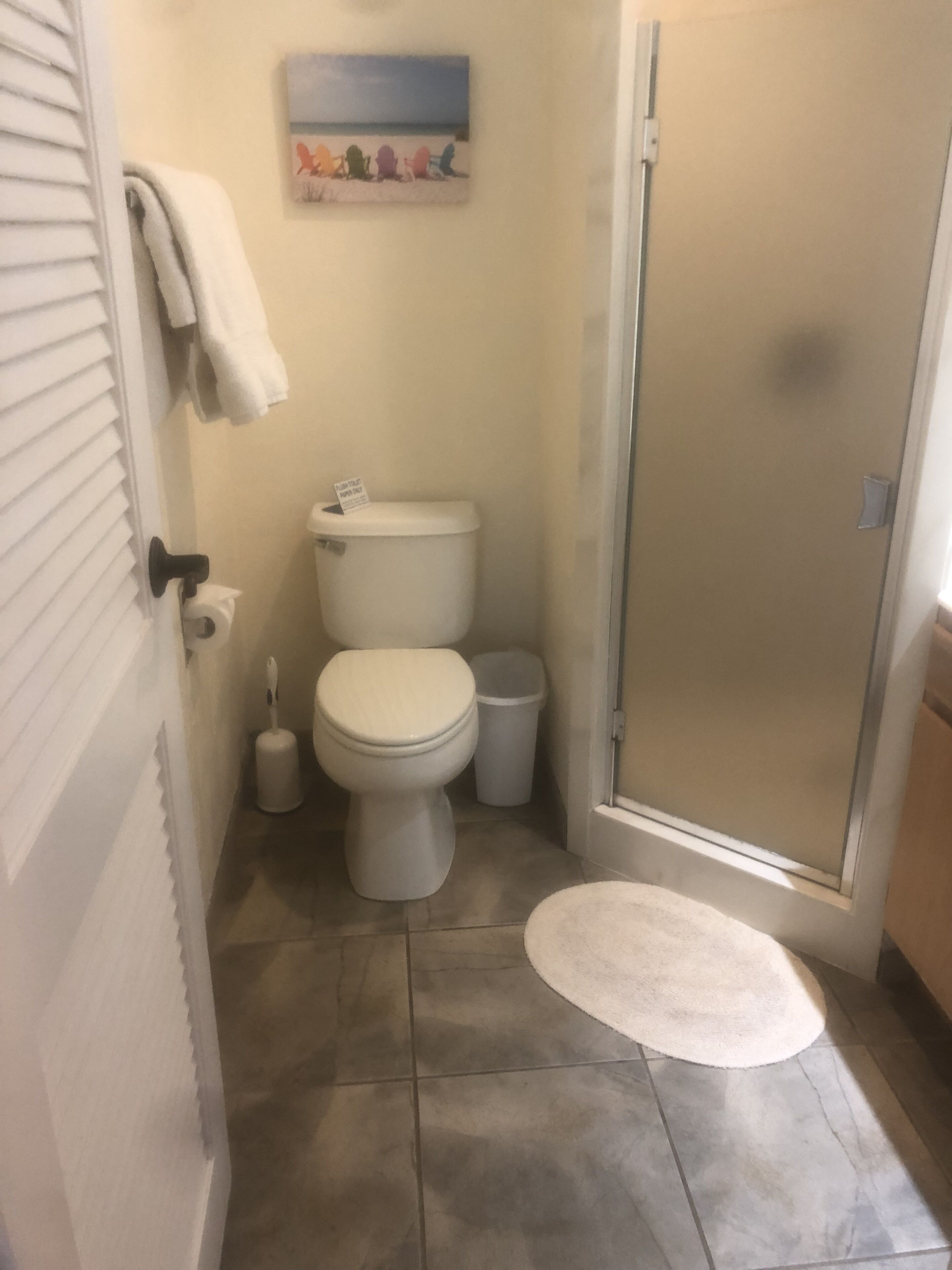 Combined shower/tub, hair dryer, towels, soap