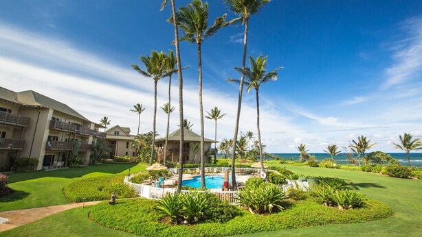 Un resort con piscina, palmeras y vista al océano.