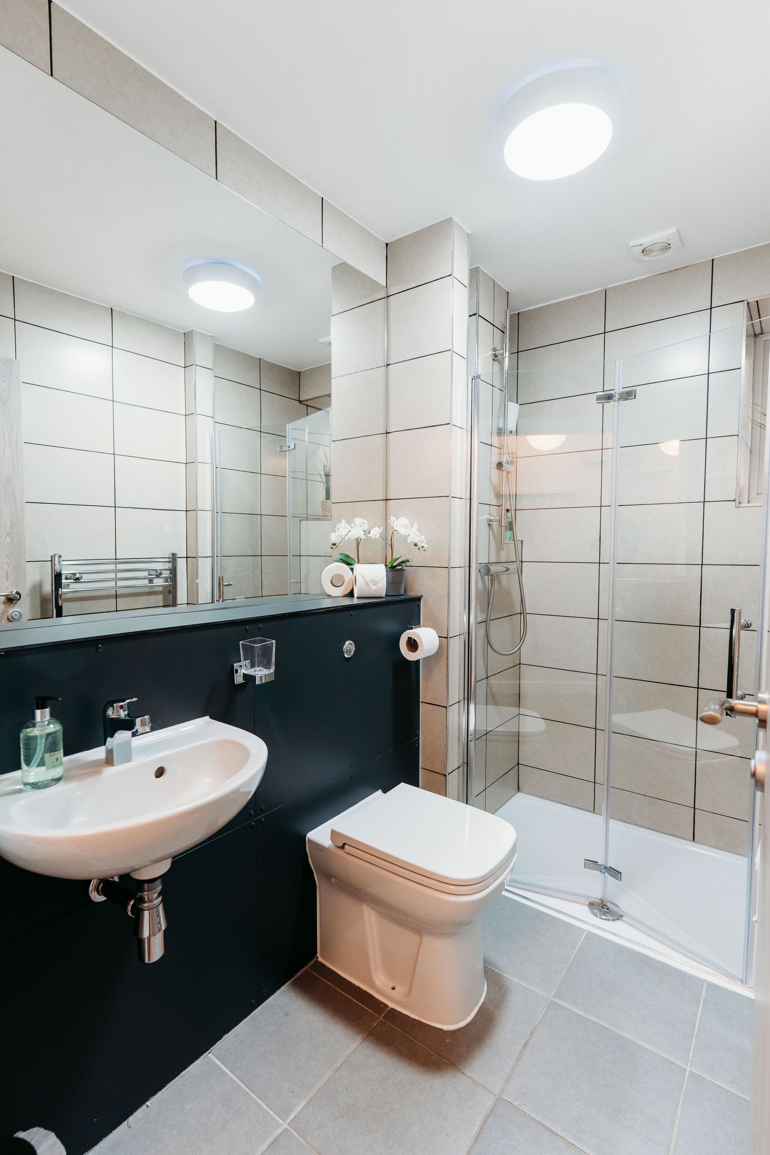 A modern bathroom with a sink, toilet, and glass shower enclosure.