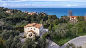 A coastal villa with a stone pathway leading to the entrance, surrounded by lush greenery and overlooking the sea. - Villa Napolia - Luxury Villa With Amazing Sea View (Zakynthos)