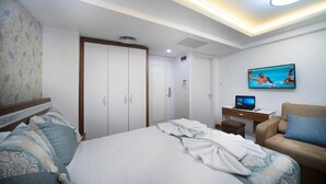 A hotel room with a bed, a desk with a computer, a TV, and a wardrobe. - Lika Hotel - Eco Double Room (Istanbul)