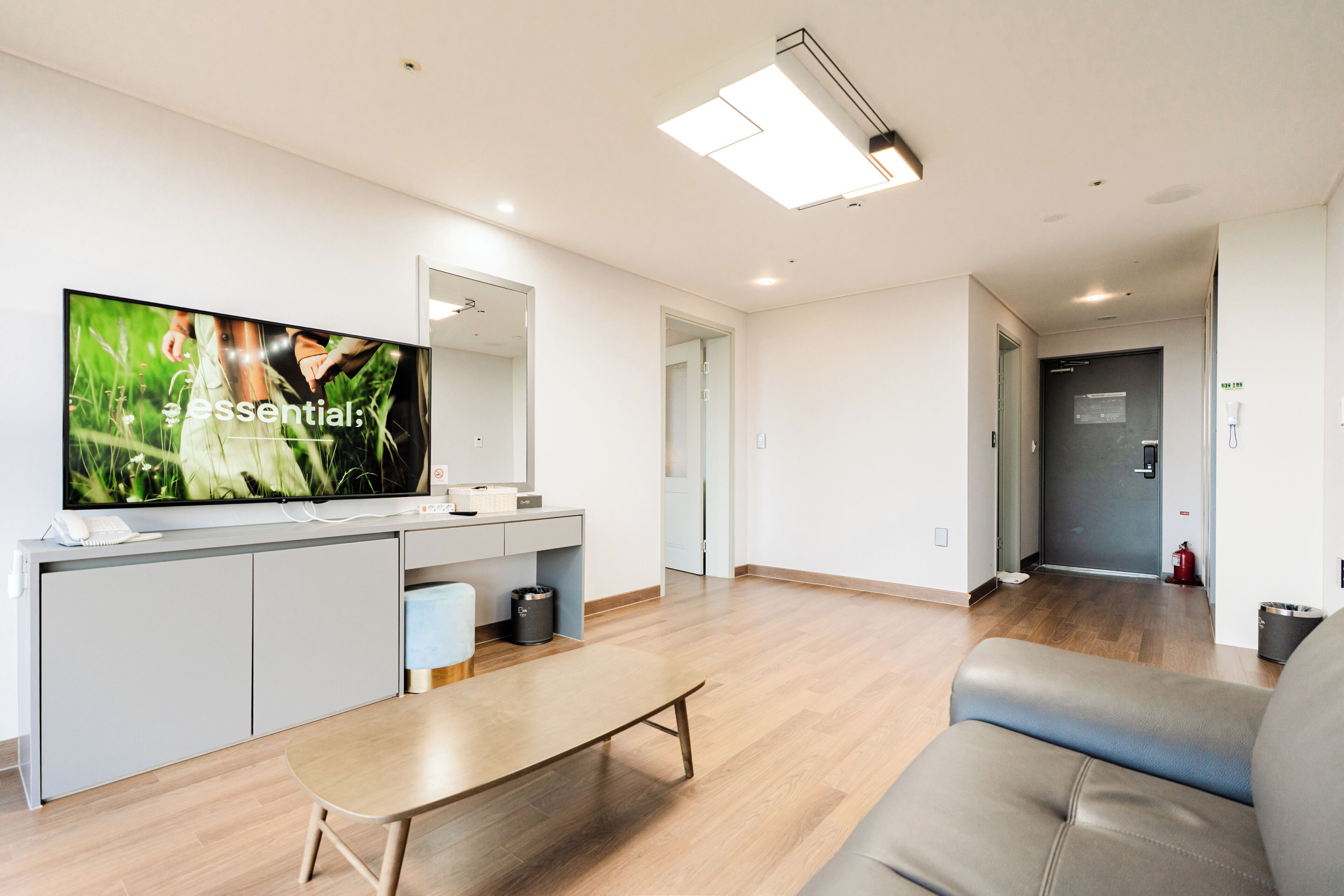 A modern living room with a flat-screen TV, a sofa, a coffee table, and a kitchen area with a countertop and cabinets.