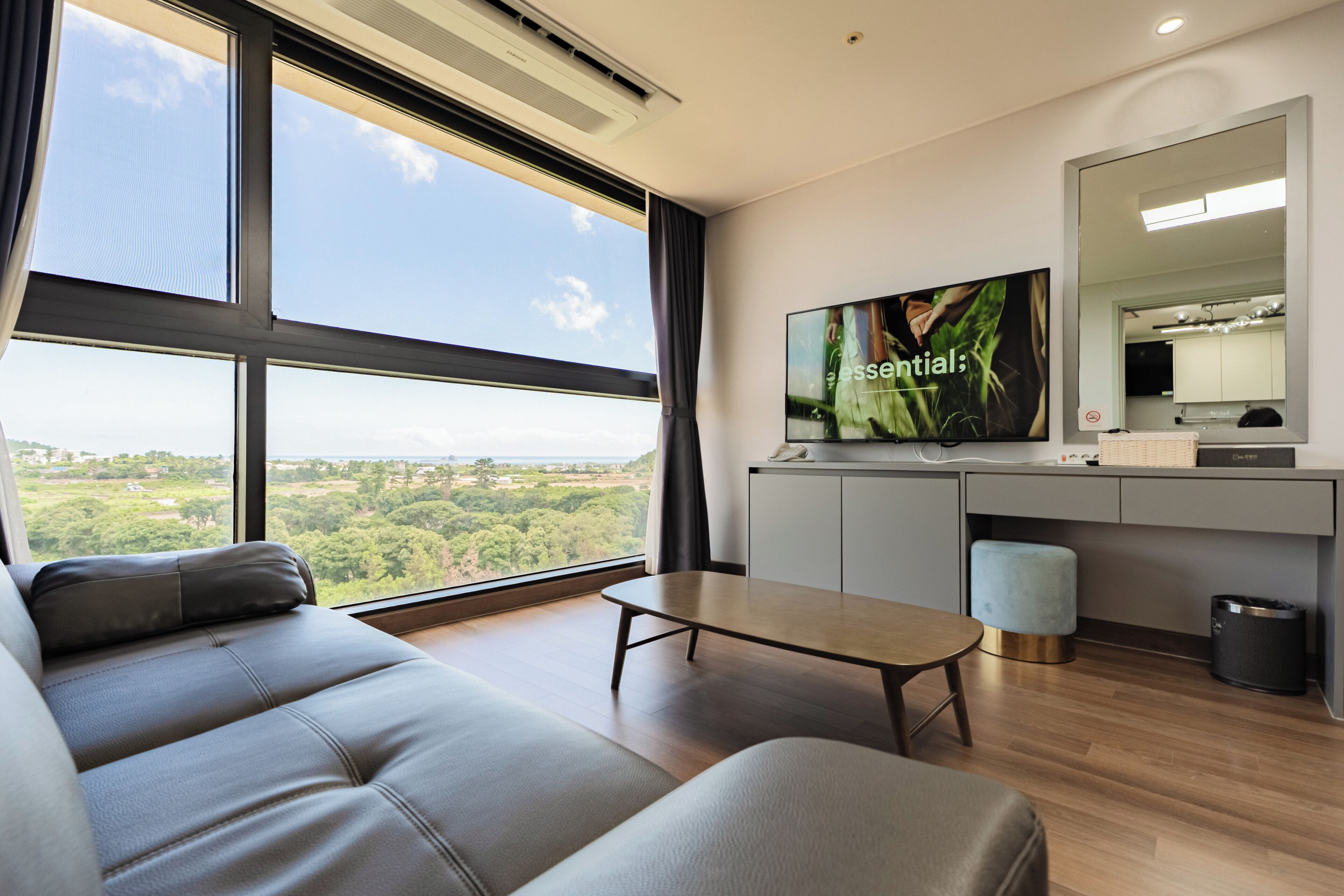 Ein modernes Wohnzimmer mit einer Couch, einem Couchtisch, einem Fernseher und Blick ins Freie.