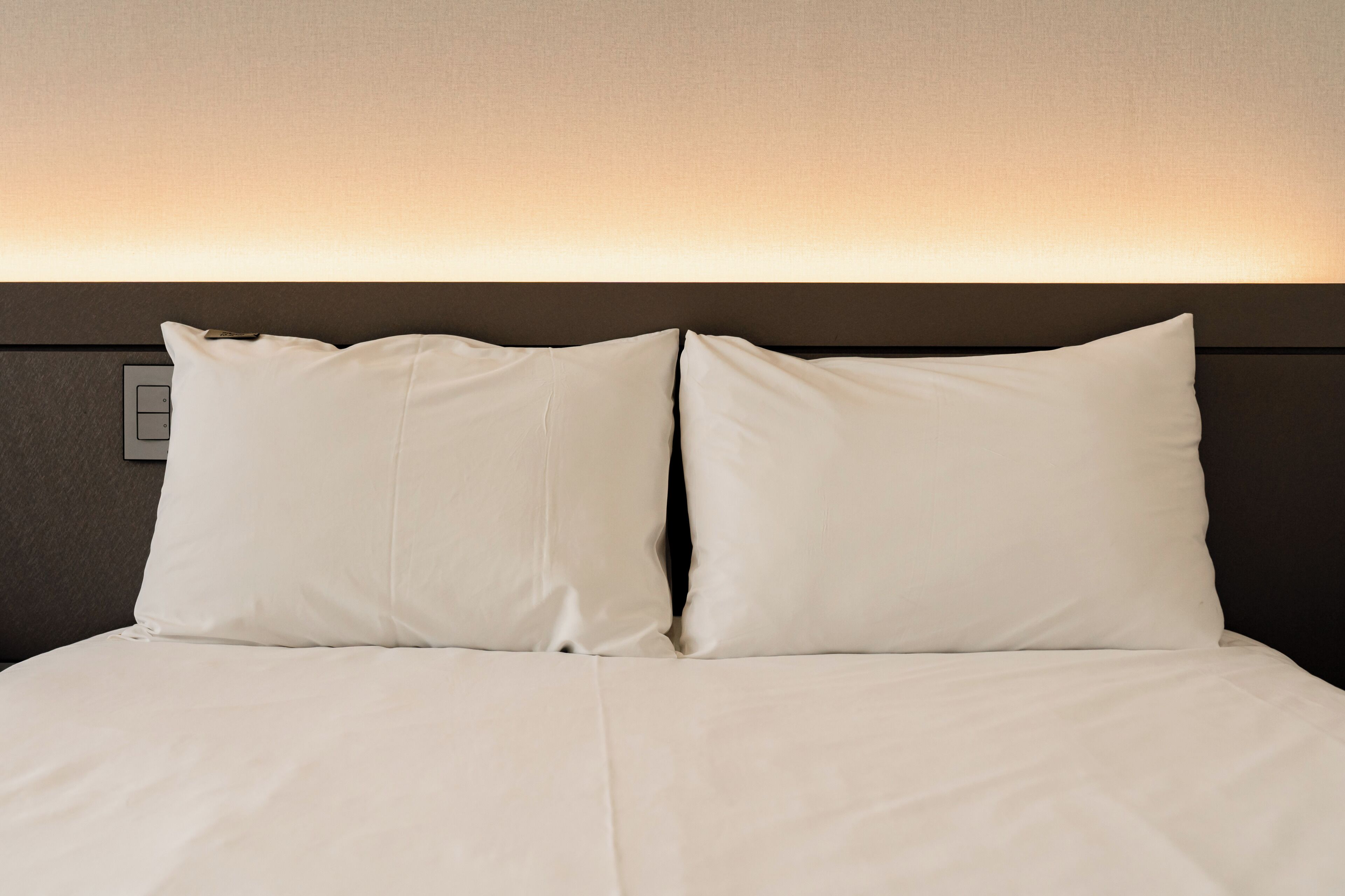 Cama con dos almohadas y cabecera con interruptor de luz.