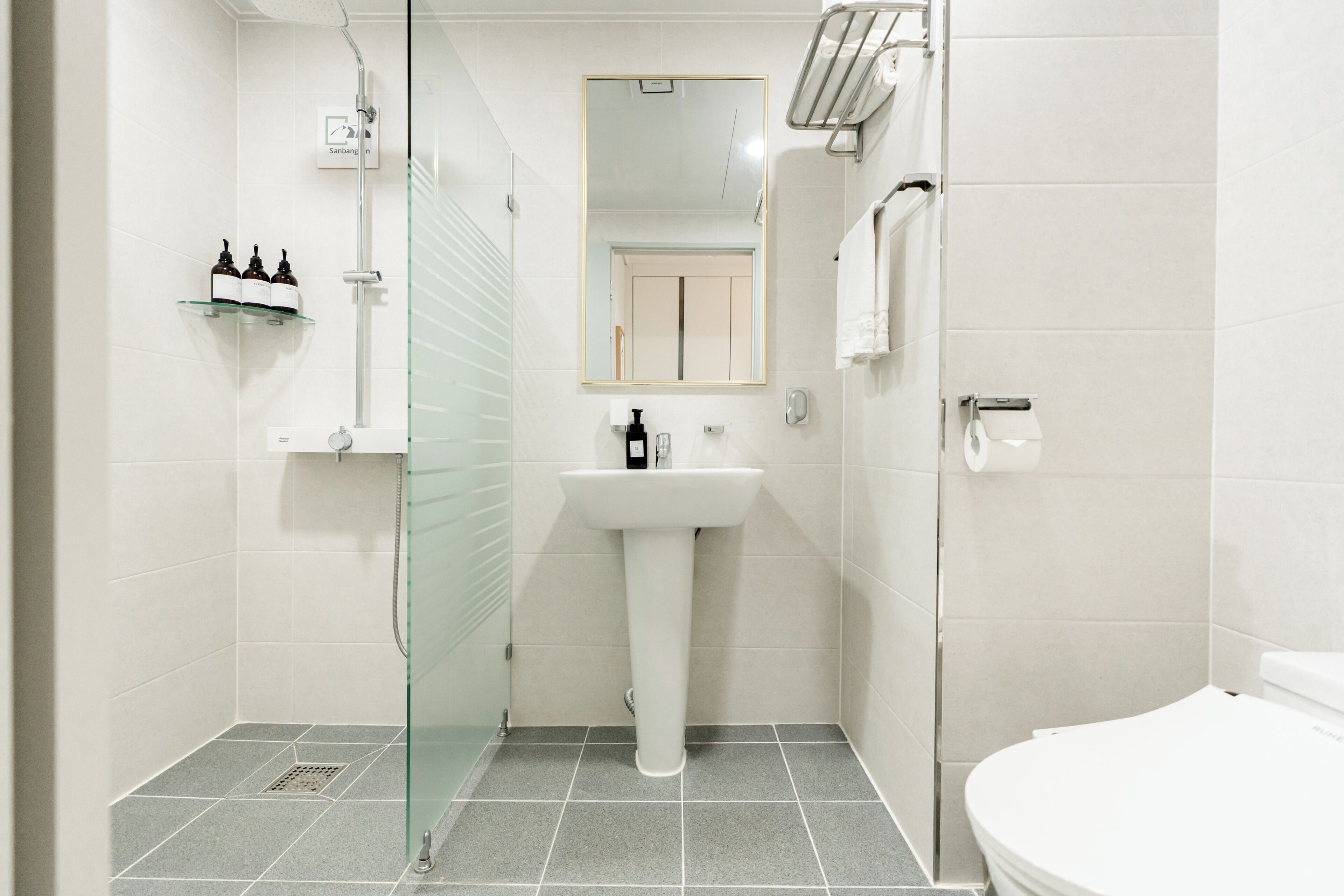 A modern bathroom with a glass shower enclosure, a white sink, and a toilet.