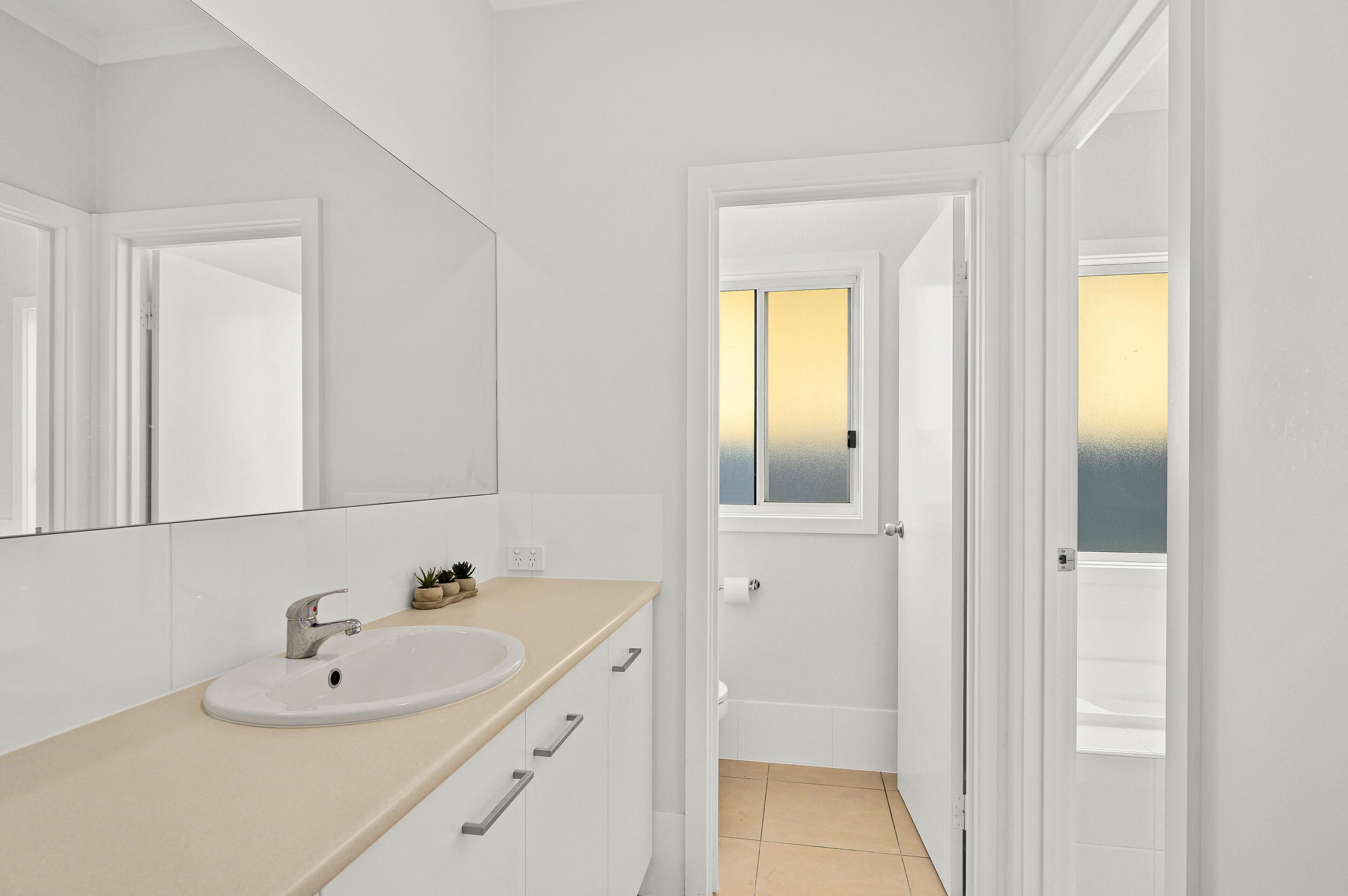 A bathroom with a white sink, mirror, and cabinets, a small plant on the counter, and a window with a view of the sunset.