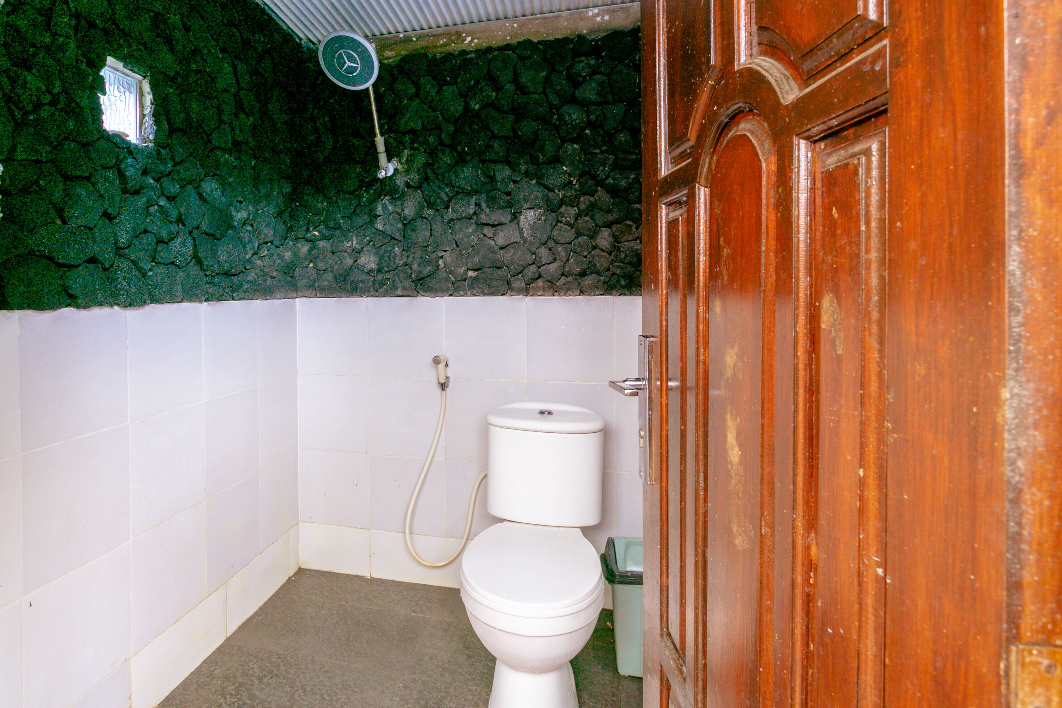 A bathroom with a toilet, a green wall, and a wooden door.