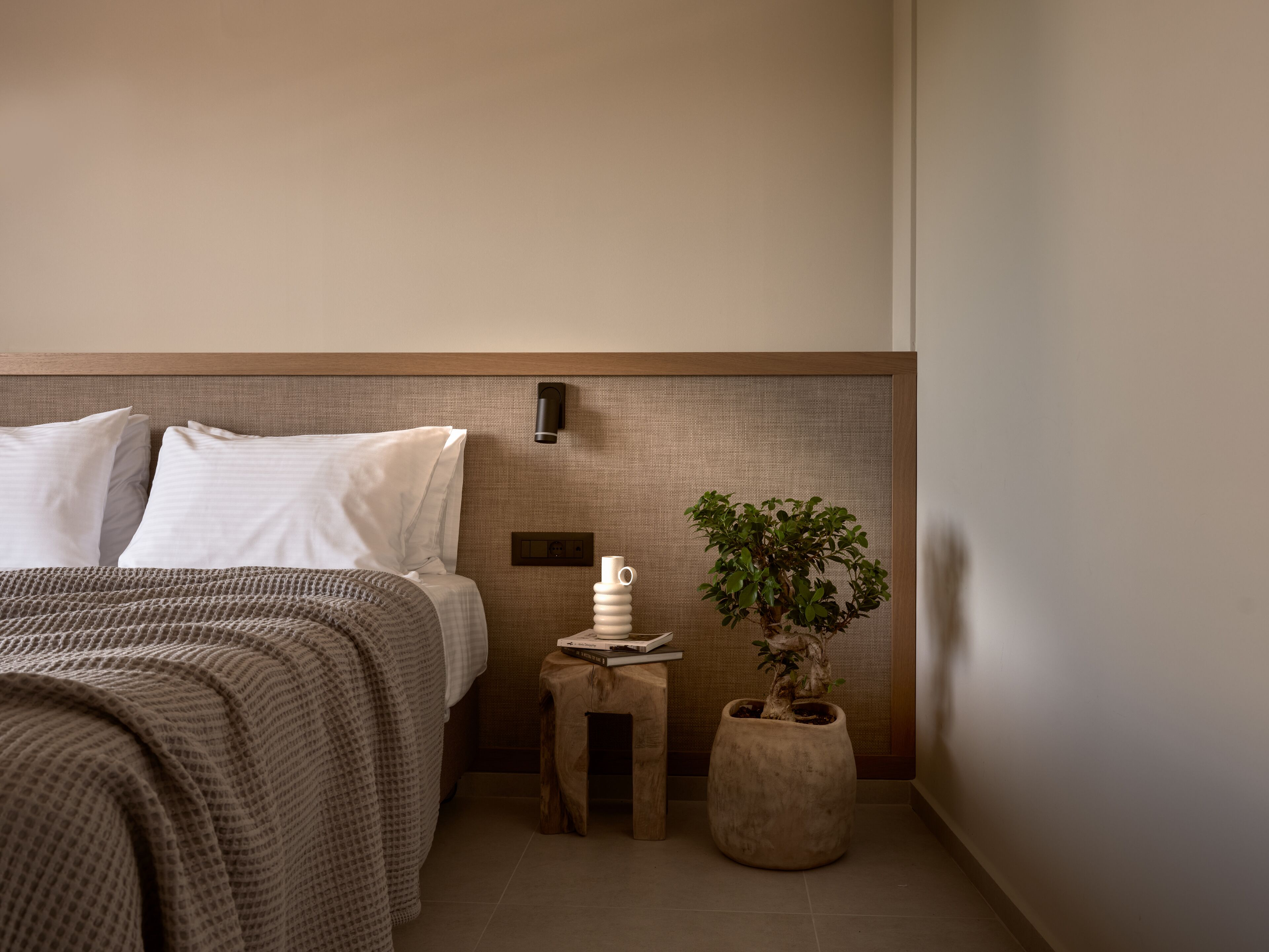 A neatly made bed with white linens, a small wooden nightstand with a potted plant, and a wall-mounted light fixture.