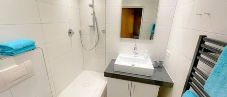 Shower, hair dryer, towels, soap