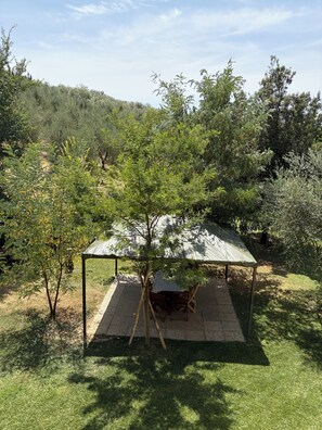 A covered outdoor seating area with a table and chairs, surrounded by trees and grass.