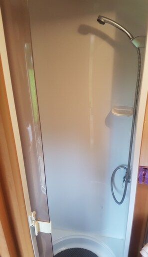 Shower, towels, soap, toilet paper