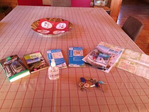 A table with a grid-patterned tablecloth, a plate with a red design, several books, a bottle of hand sanitizer, and a set of keys.