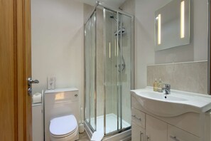 A modern bathroom with a glass shower enclosure, a toilet, and a sink with toiletries.