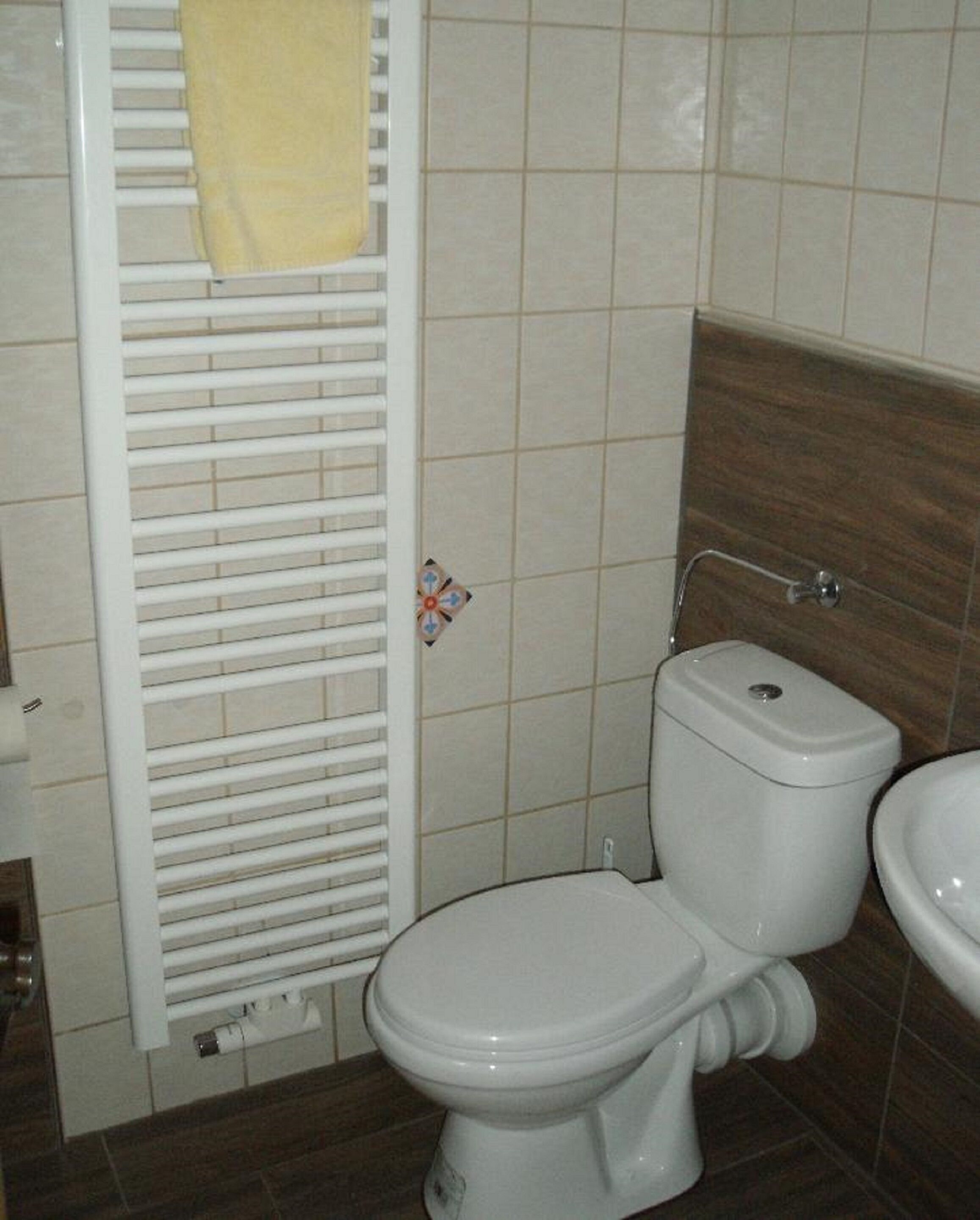 Une salle de bain équipée de toilettes, d’un lavabo et d’un porte-serviettes.