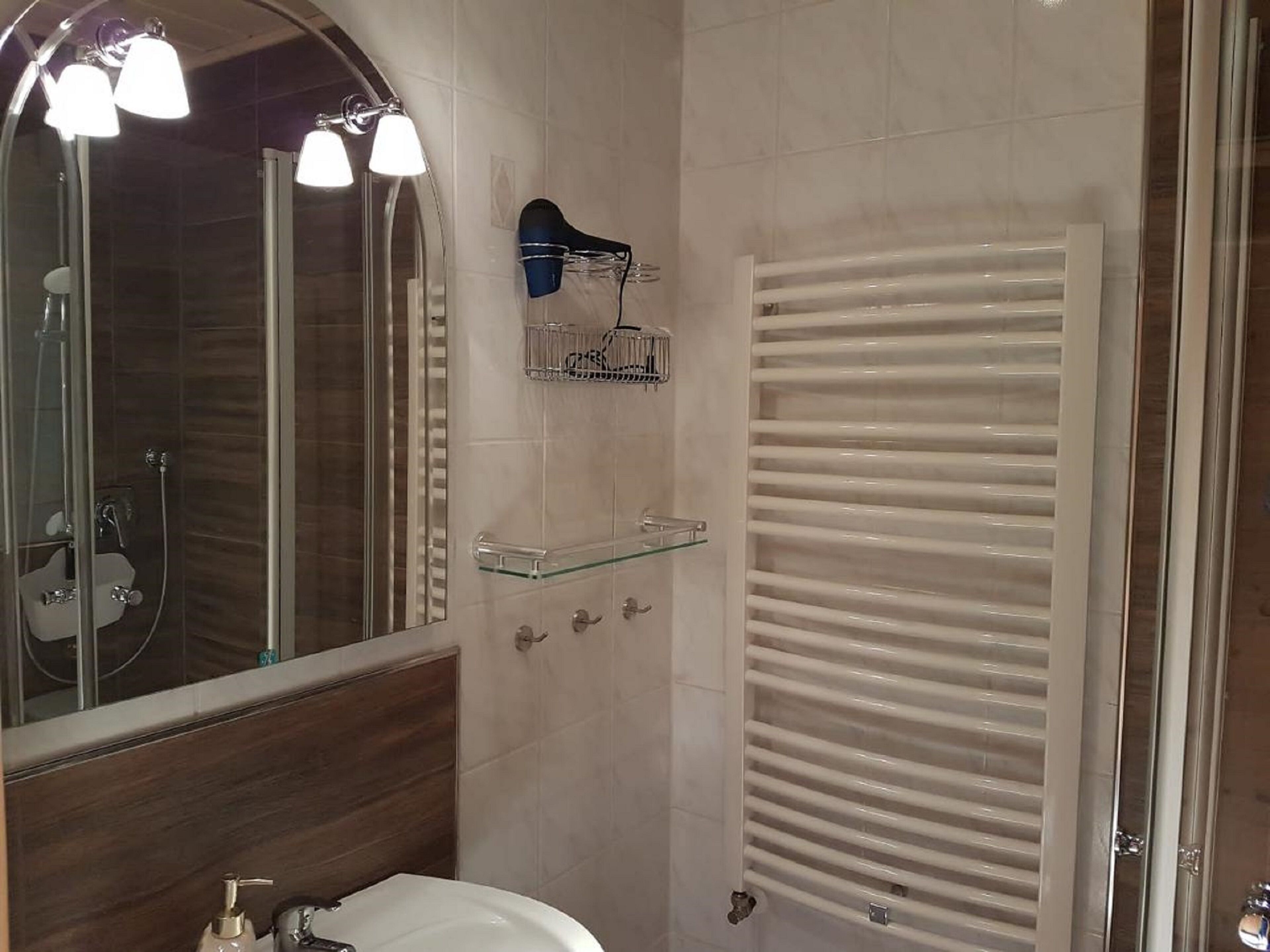 A bathroom with a glass shower enclosure, a mirror, a towel rack, and a towel warmer.