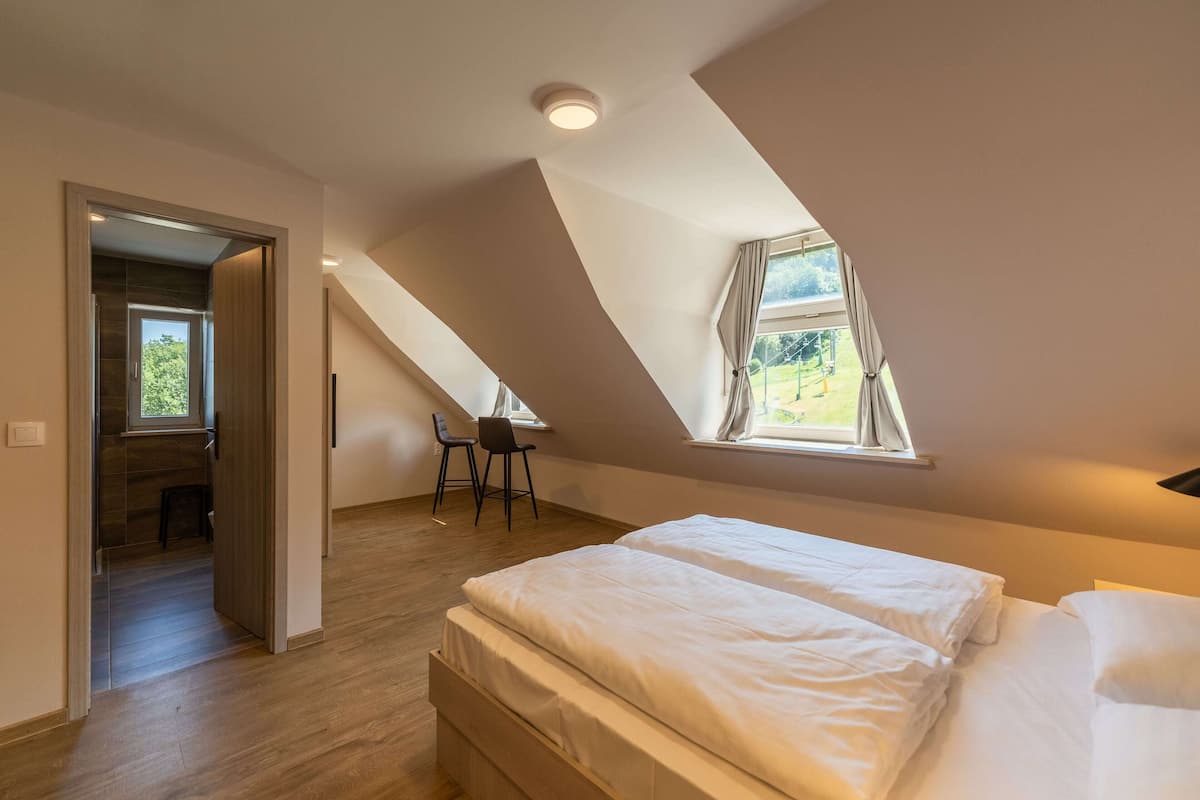 A bedroom with a lofted sleeping area, a desk, and a chair.