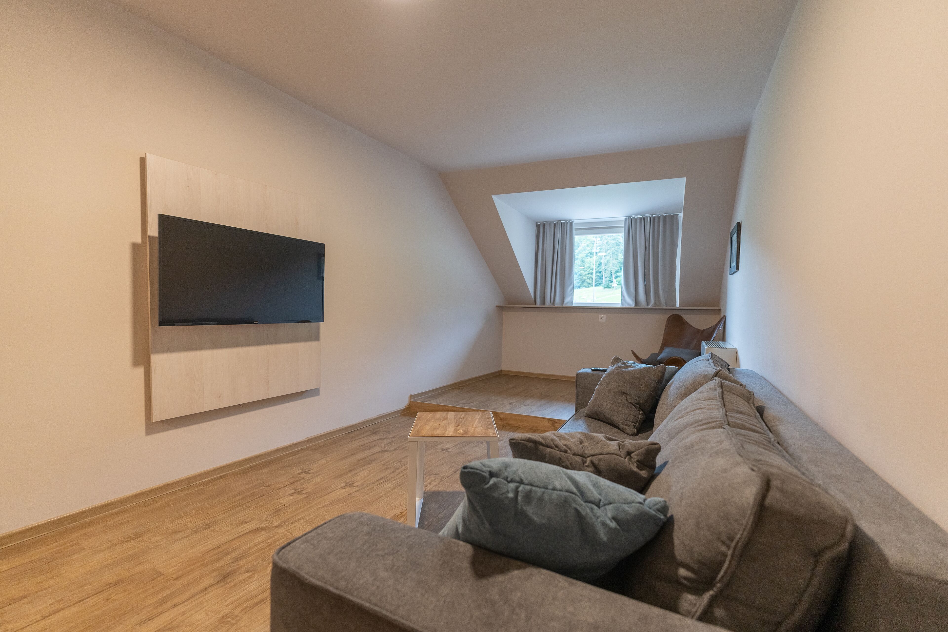 A modern living room with a large flat-screen TV mounted on the wall, a grey sofa with cushions, a wooden coffee table, and a sloped ceiling with a skylight.