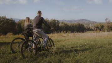 Two people riding bicycles on a grassy field with trees and mountains in the background.