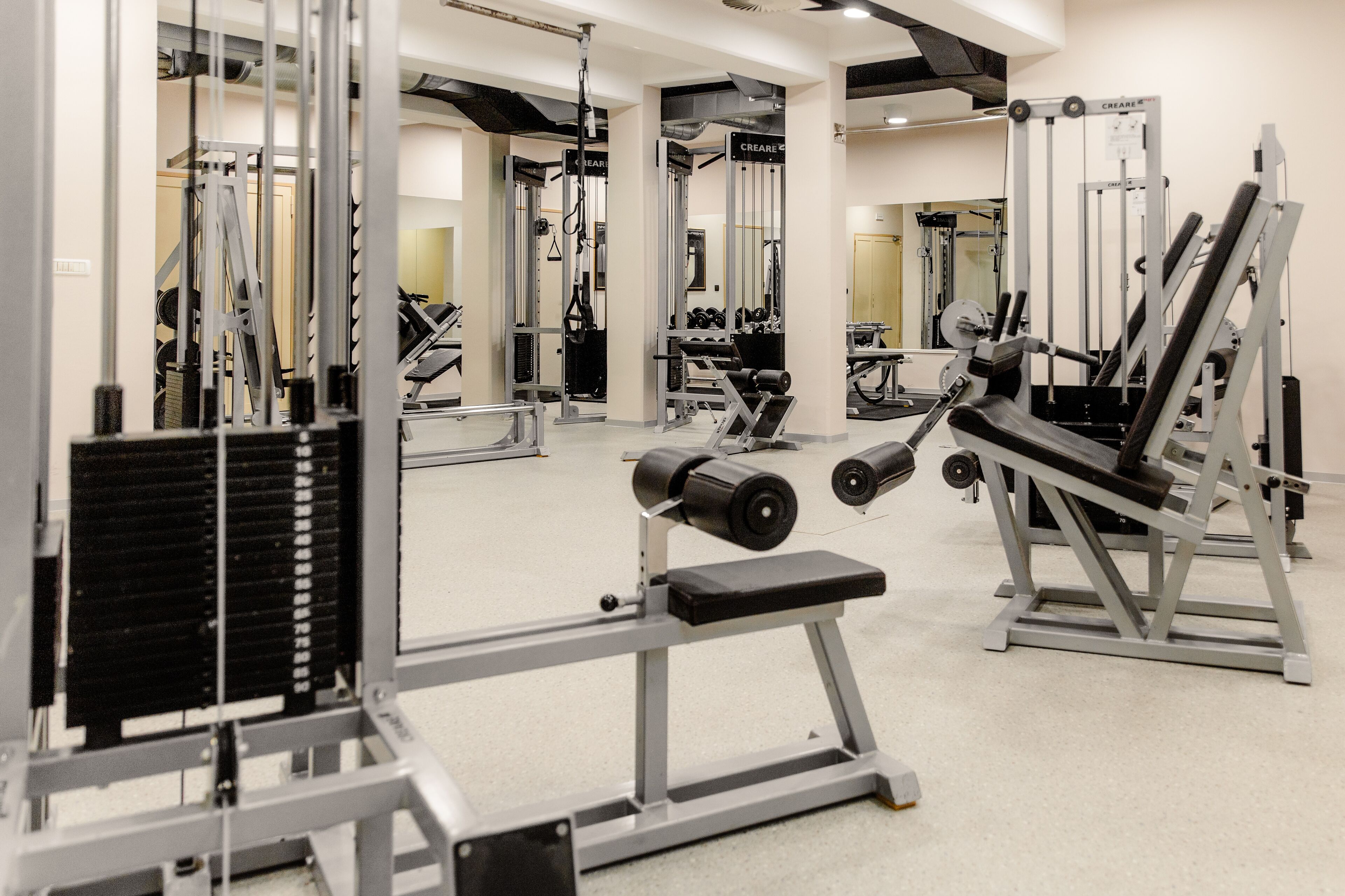 Academia com diversos equipamentos de exercícios, incluindo máquinas de peso e pesos livres.
