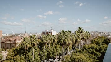 Un paisaje urbano con altas palmeras, autos estacionados y edificios bajo un cielo despejado.