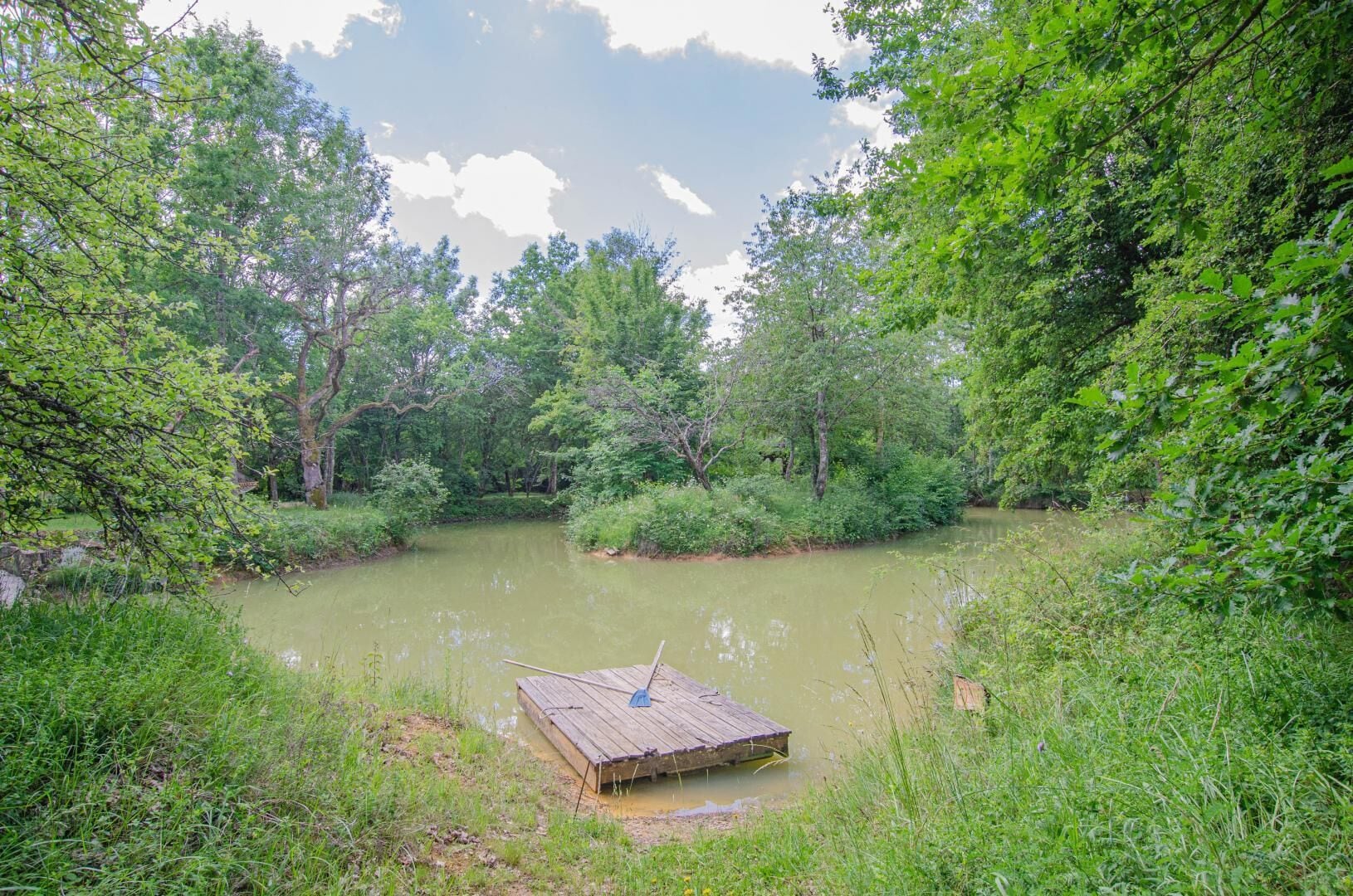 Eine Holzstele führt in einen ruhigen Fluss, umgeben von dichtem Grün.
