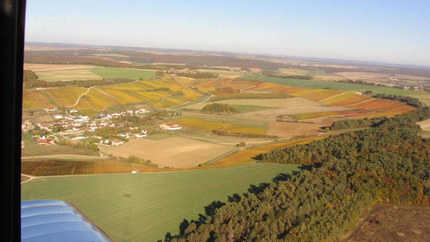 An aerial view of a rural landscape with fields, a small village, and a forested area.