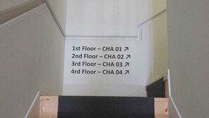 A staircase with a sign indicating floor levels and room numbers.