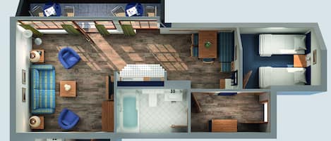 A floor plan of a hotel room with a living area, a bedroom, a bathroom, and a kitchenette.