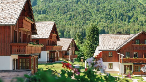 A row of wooden cabins with sloped roofs, set against a backdrop of dense forest. - MONDI Appartements am Grundlsee (Grundlsee)