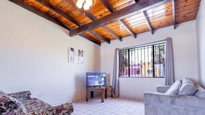 A living room with a wooden ceiling, a grey sofa, a TV on a wooden stand, and a window with metal bars.