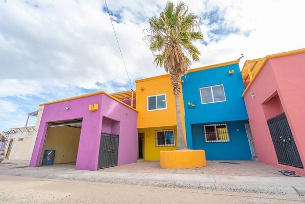 Une rangée de maisons colorées, avec un palmier au centre.