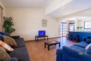 Un soggiorno con divano, tavolino e televisione. Si nota una pianta e un quadro appeso al muro.