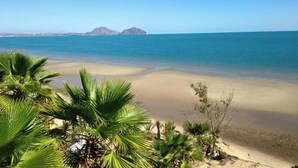 A beach with clear blue water, sandy shore, and palm trees. - La hacienda condo Four (San Felípe)